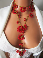 Rote Blume Häkelkette, Türkisch Oya Spitze Schmuck, Floral Lange Wrap Perlen Lariat