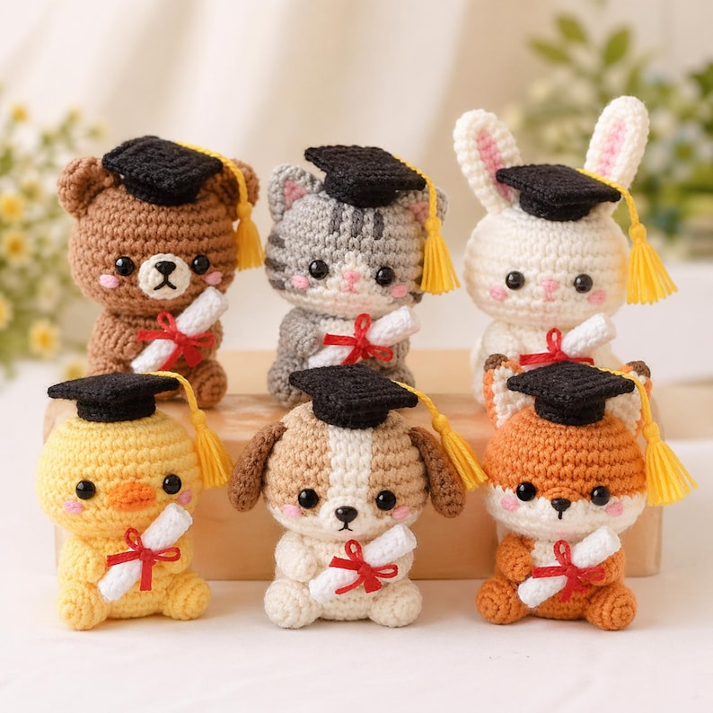 Gehäkelte Abschlusstiere Amigurumi Set Bär Katze Hase Hund Fuchs Küken Plüsch
