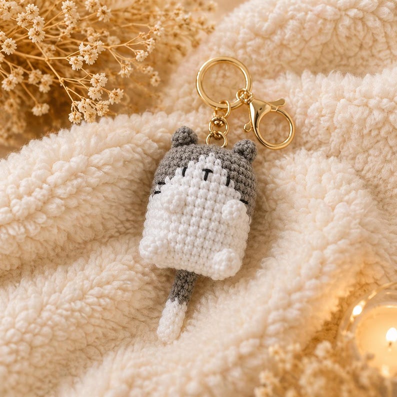Gehäkelte Katze Schlüsselanhänger, Amigurumi Katze Taschenanhänger, Kawaii Plüsch Schlüsselanhänger, Mehrfarbig