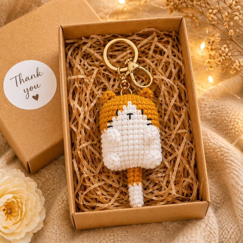 Gehäkelte Katze Schlüsselanhänger, Amigurumi Katze Taschenanhänger, Kawaii Plüsch Schlüsselanhänger, Mehrfarbig