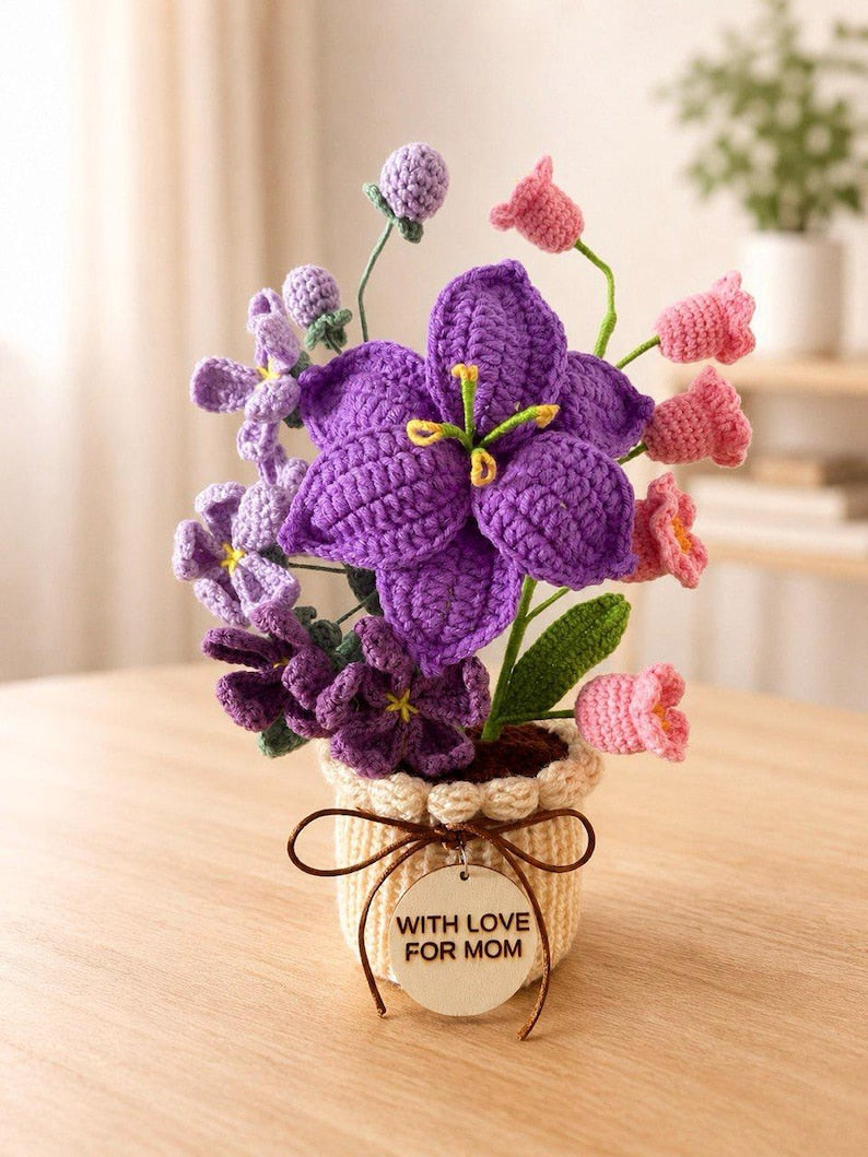 Gehäkelter Blumenstrauß im Topf – Handgefertigte Dauerblumen – Schreibtischdekoration, 24-32 cm