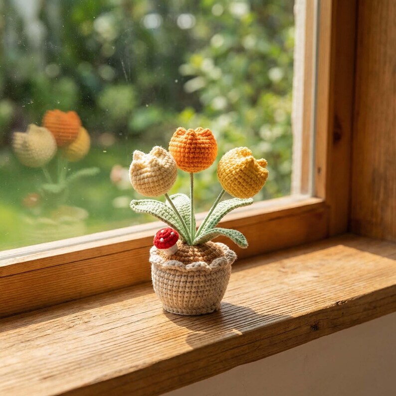 Handgemachte Häkeltulpe im Topf, Home Deko, Geschenk für Damen, 14 cm, Acrylgarn