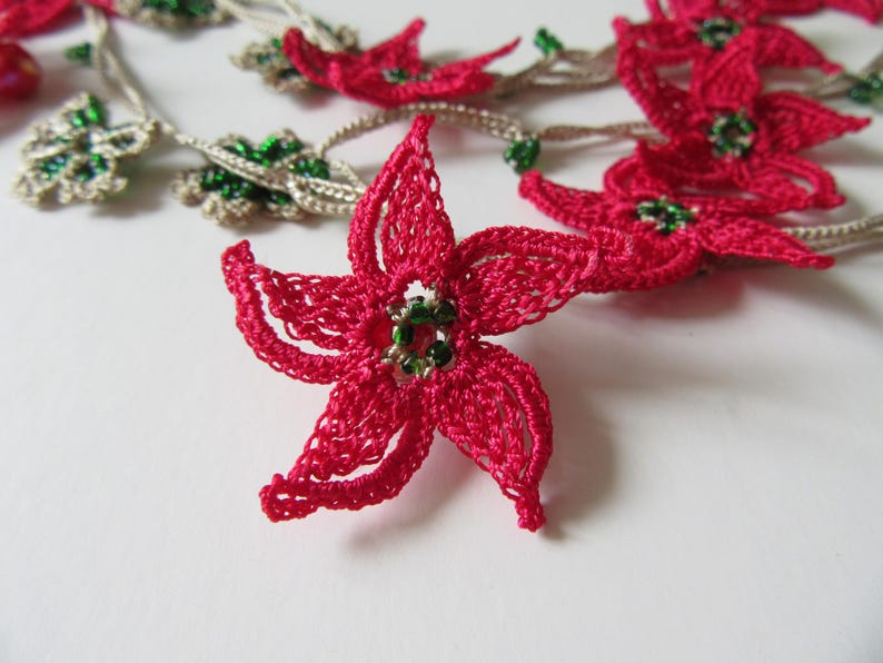 Fuchsia Stern Blume Häkelkette, Türkisch Oya Spitze Sommer Schmuck, Grüne Perlen Lange Lariat
