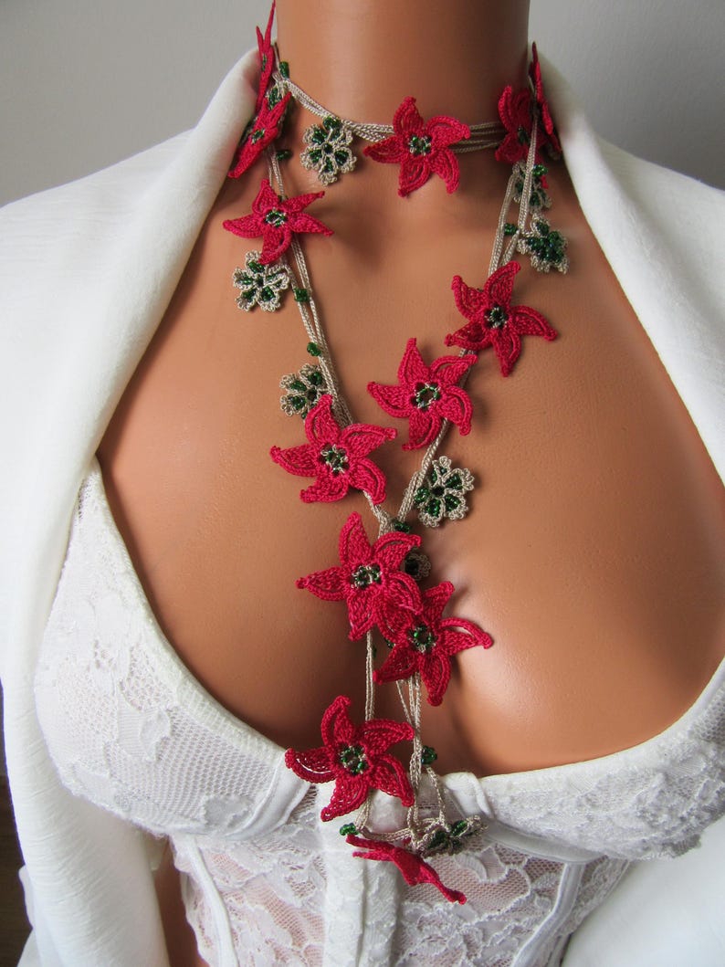 Fuchsia Stern Blume Häkelkette, Türkisch Oya Spitze Sommer Schmuck, Grüne Perlen Lange Lariat