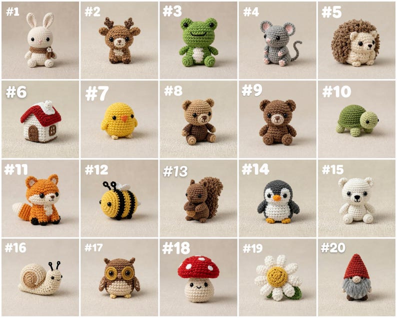 Handgemachter Mini Crochet Tier Schlüsselanhänger - 19 Styles Amigurumi Taschenanhänger - Niedlicher Plüsch Schlüsselanhänger aus Baumwollgarn - 6-7 cm