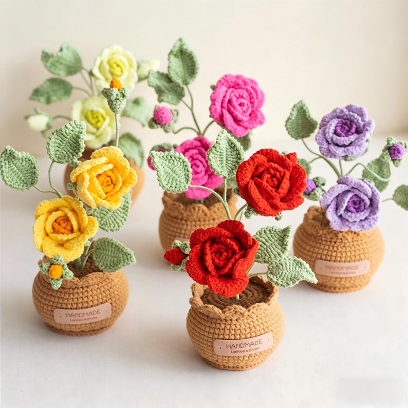 Gehäkelte Topfblumen Vergissmeinnicht, Baumwollgarn Tischdeko, Bürogeschenk