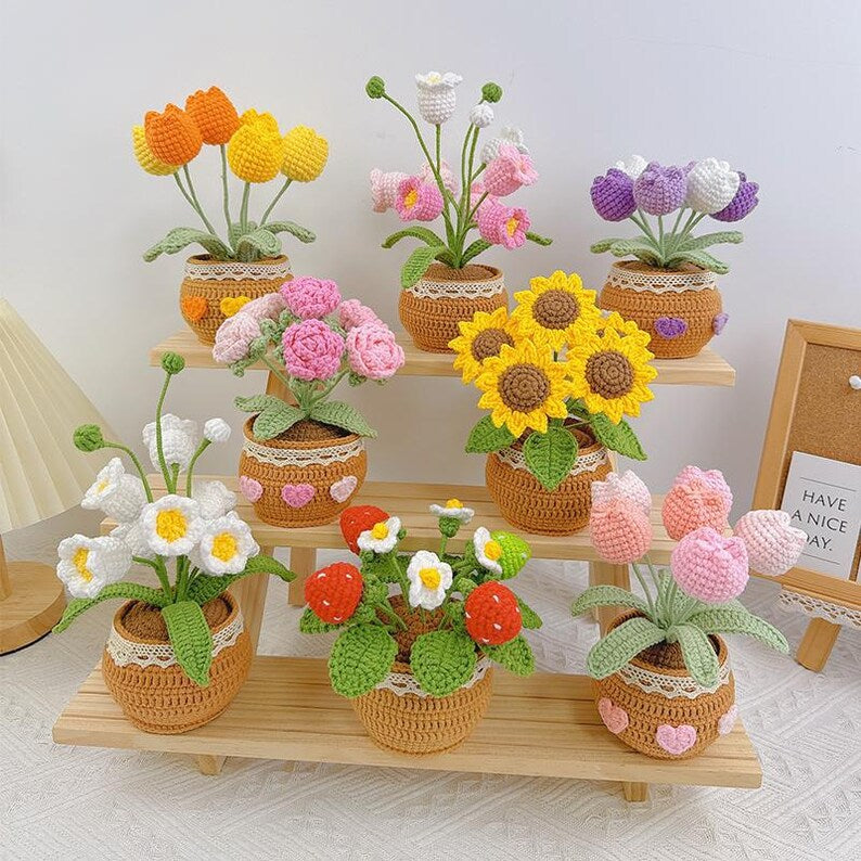 Gehäkelter Blumenstrauß Topfpflanze, Handgestrickte Blume, Ewige Wohnkultur
