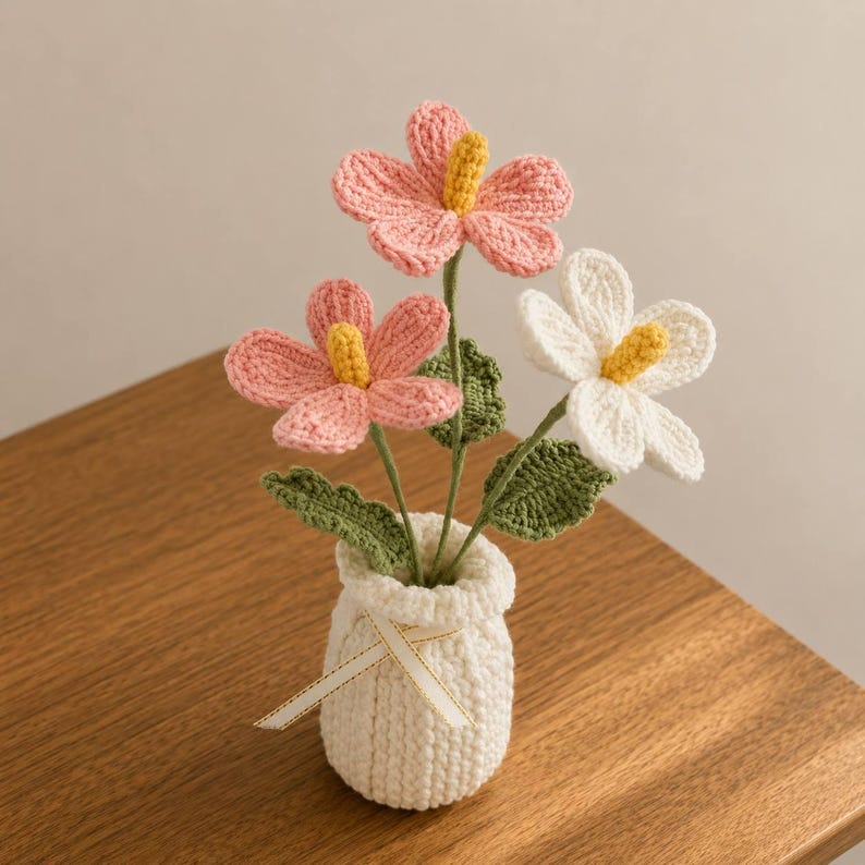 Gehäkelter Blumentopf, gestrickte Dekoration, Cottagecore-Hausakzent, immerwährende Blumendekoration