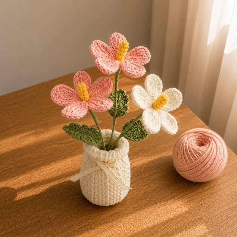 Gehäkelter Blumentopf, gestrickte Dekoration, Cottagecore-Hausakzent, immerwährende Blumendekoration
