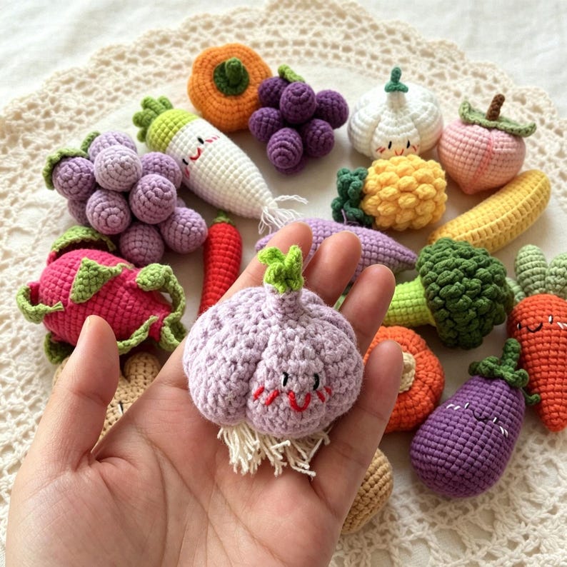 Gehäkelte Obst Gemüse Schlüsselanhänger, Gestrickte Lebensmittel Taschenanhänger, Amigurumi Plüsch Accessoire