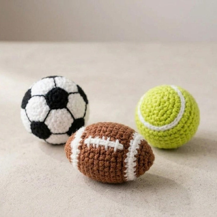 Gehäkelte Sportbälle Set – Fußball, Basketball, Football – Amigurumi Dekoration, 3,5 Zoll