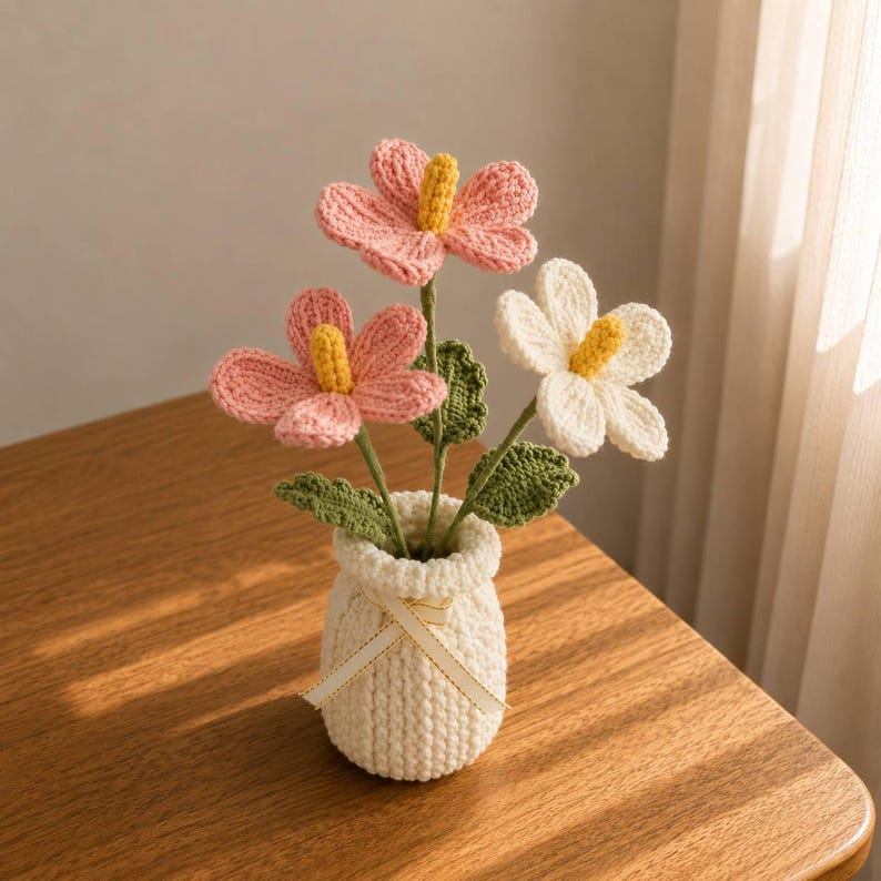 Gehäkelter Blumentopf, gestrickte Dekoration, Cottagecore-Hausakzent, immerwährende Blumendekoration