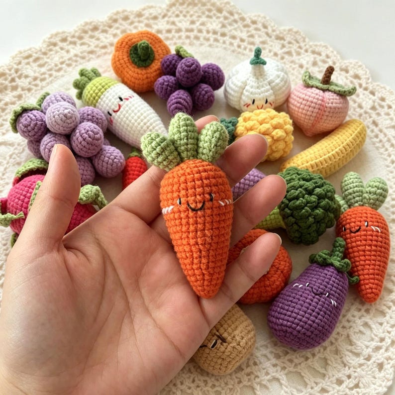 Gehäkelte Obst Gemüse Schlüsselanhänger, Gestrickte Lebensmittel Taschenanhänger, Amigurumi Plüsch Accessoire