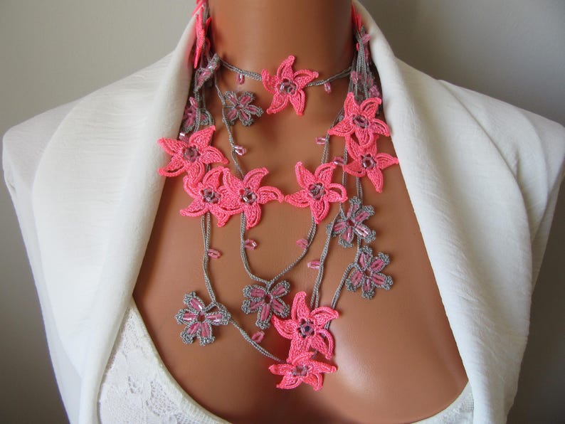 Gelbe Blumen Häkelkette, Türkisch Oya Perlen Lariat, Romantische Sommer Braut Schmuck, Garten Hochzeit Accessoire