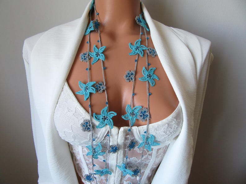 Gelbe Blumen Häkelkette, Türkisch Oya Perlen Lariat, Romantische Sommer Braut Schmuck, Garten Hochzeit Accessoire