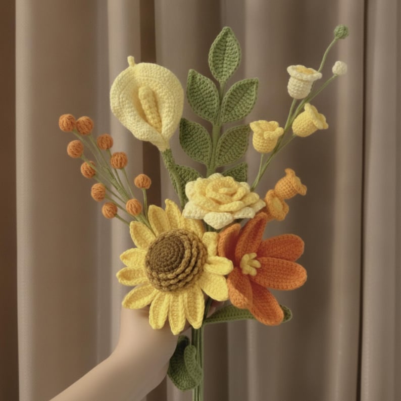 Handgefertigter Häkelblumenstrauß, Pfingstrose Rose Lilien Arrangement, Garn Wohnkultur