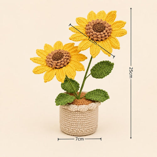 2 Handgestrickte Sonnenblumen im Topf – 12 cm Blüten – Wolle Deko Tischdeko