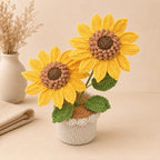 2 Handgestrickte Sonnenblumen im Topf – 12 cm Blüten – Wolle Deko Tischdeko