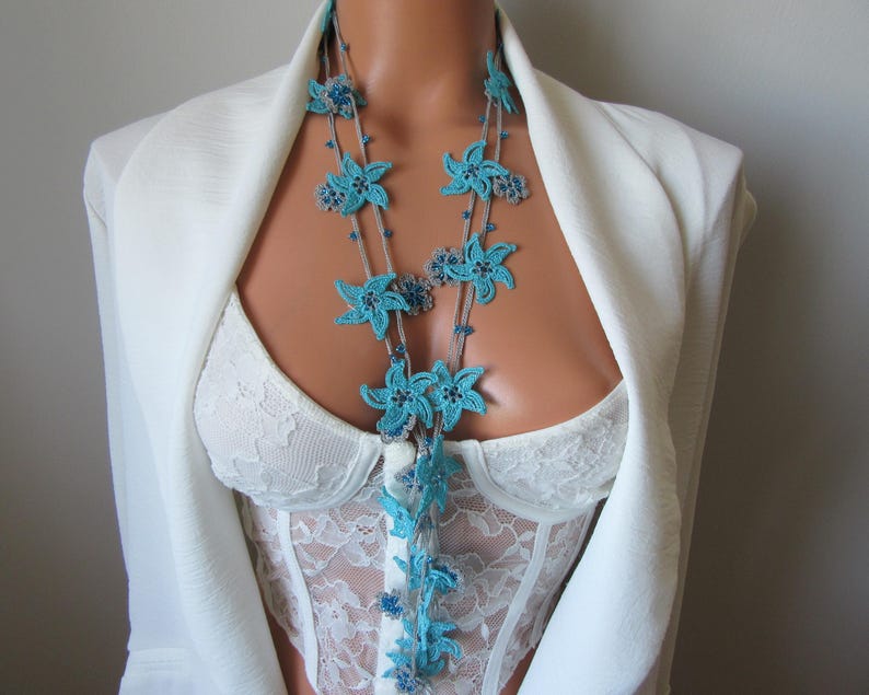 Gelbe Blumen Häkelkette, Türkisch Oya Perlen Lariat, Romantische Sommer Braut Schmuck, Garten Hochzeit Accessoire
