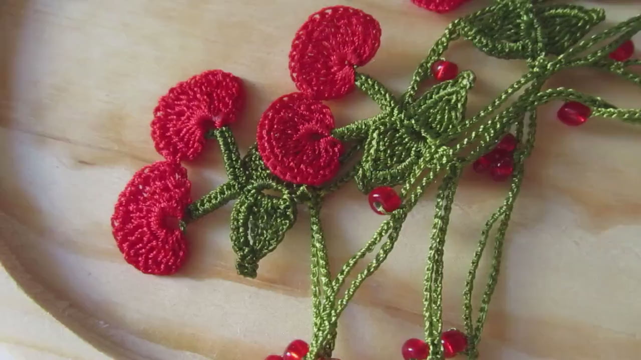 Kirsche Häkelkette, Lange Frucht Sommer Lariat, Türkische Oya-Spitze, Frucht-Halskette