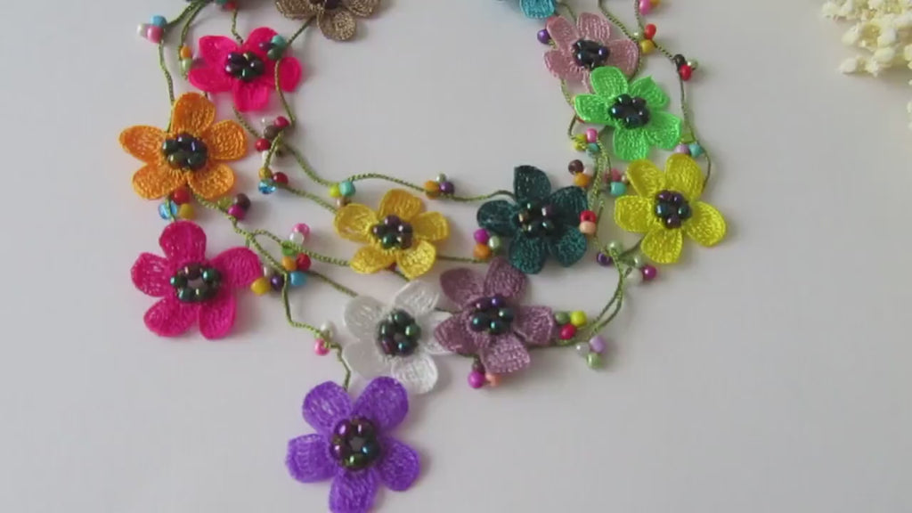 Handgemachte Häkelkette Lariat, Türkische Oya Spitze Schmuck, Boho Multicolor Lange Wickelkette