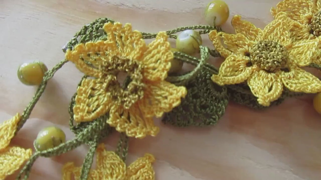 Gelbe Blumen Lange Wickelkette, Perlen Häkelkette, Türkische Oya Spitze Lariat, Häkelschmuck