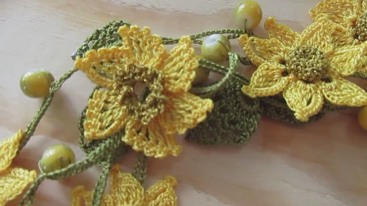 Gelbe Blumen Lange Wickelkette, Perlen Häkelkette, Türkische Oya Spitze Lariat, Häkelschmuck