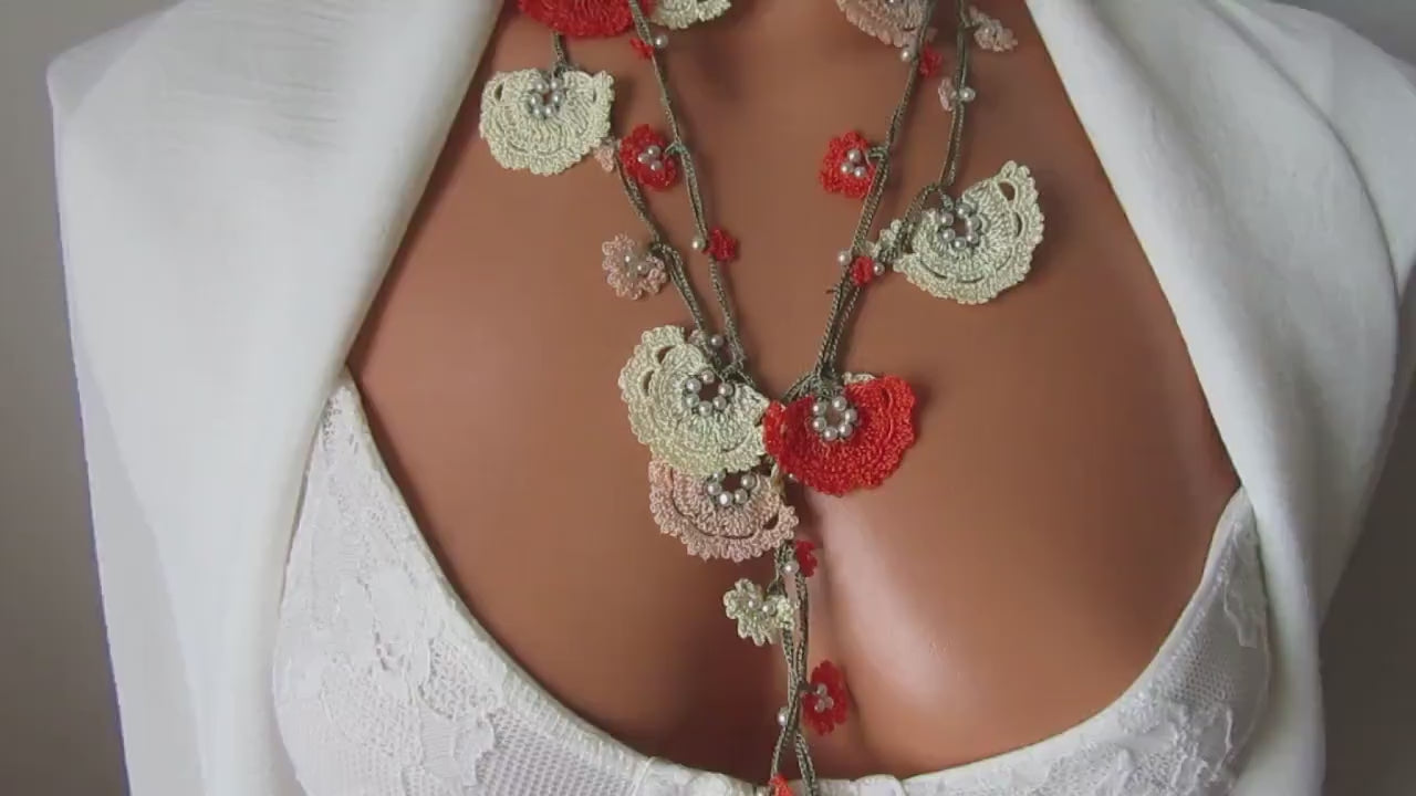 Türkische Oya Blumen Sommer Halskette, Perlen Lange Lariat, Häkelschmuck