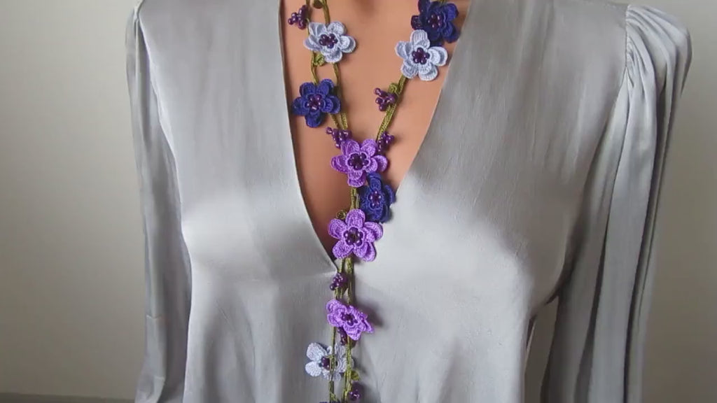 Häkelkette Türkisch Oya, Lavendel Blume Lariat, Lila Perlen Lange Wrap Frauen Halskette