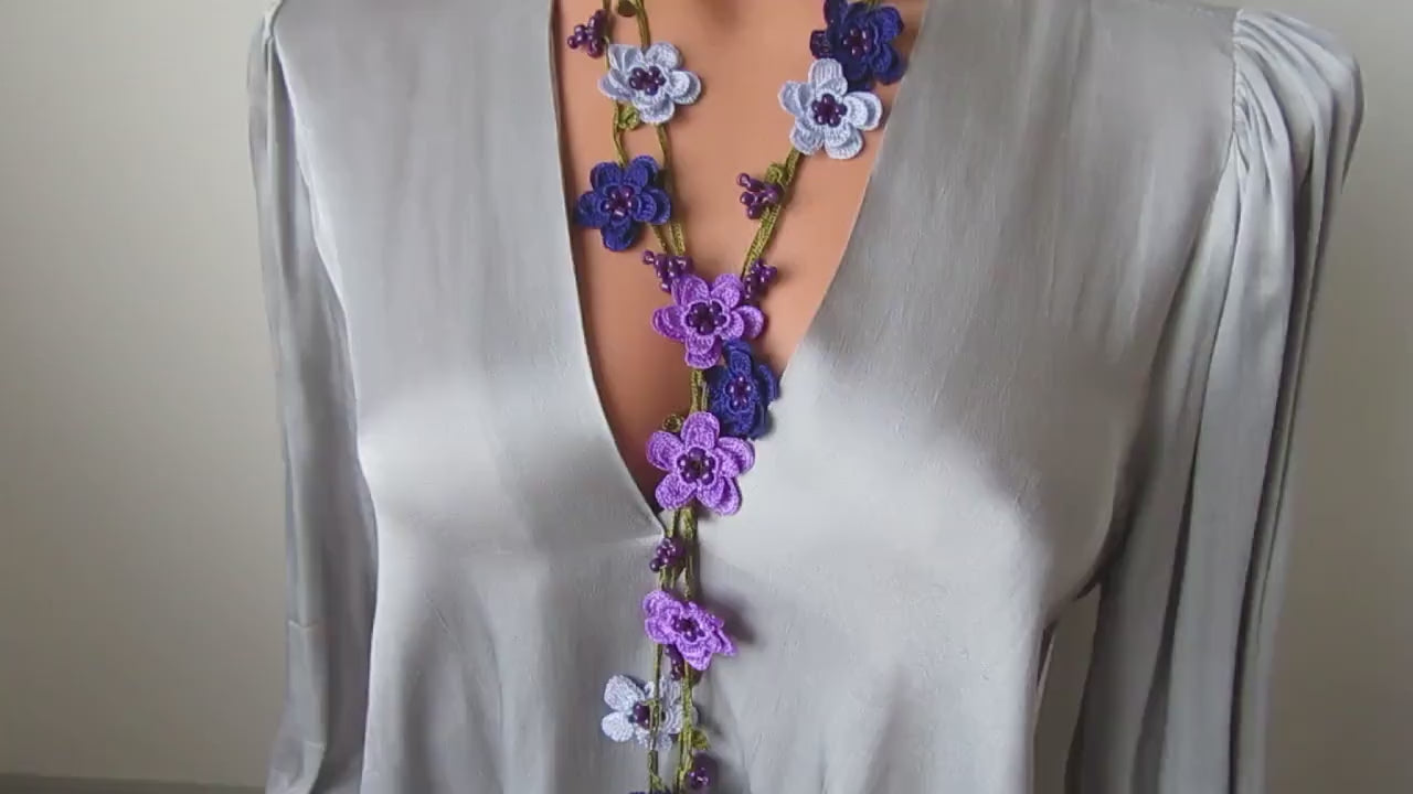 Häkelkette Türkisch Oya, Lavendel Blume Lariat, Lila Perlen Lange Wrap Frauen Halskette