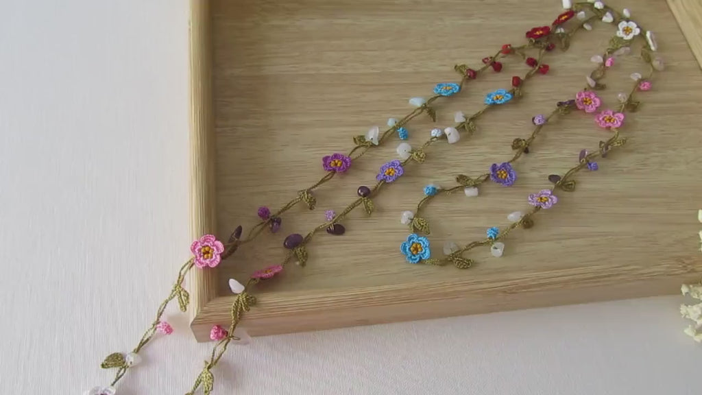 Bunte Micro Blume Häkelkette, Amethyst, Koralle, Rosa Blau Quarz, Howlith Perlen Lange Wrap Lariat Schmuck