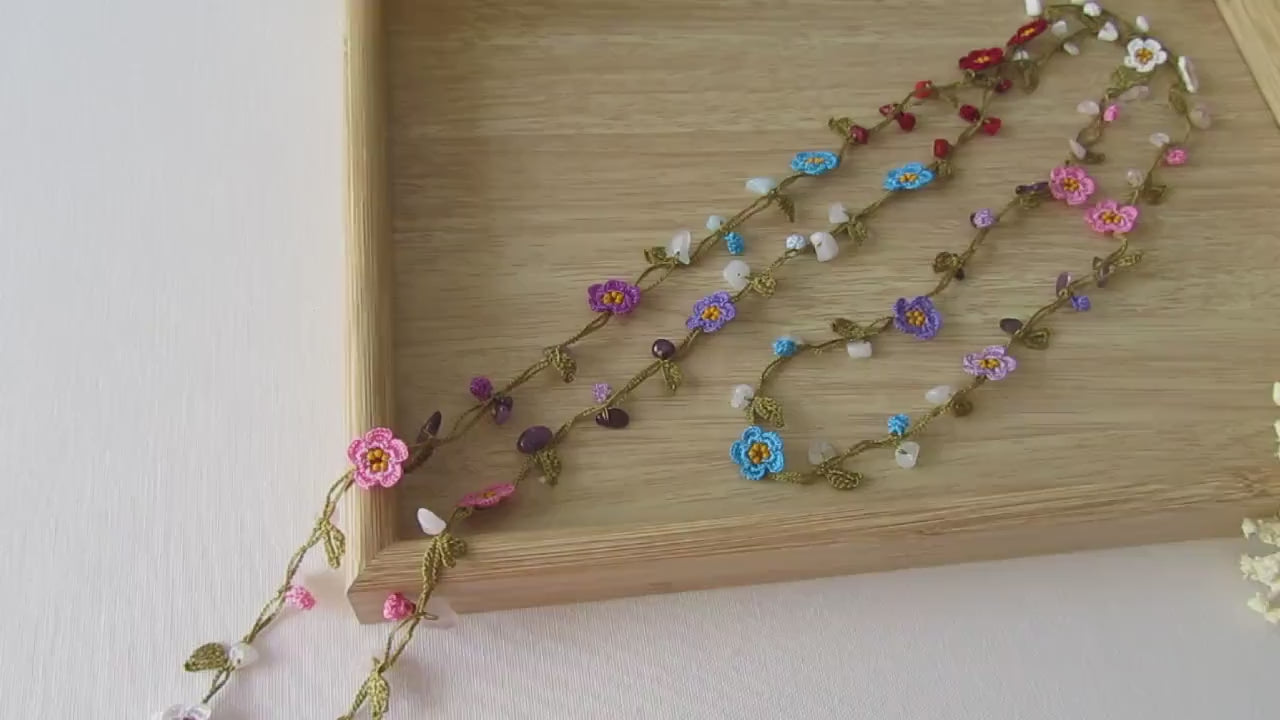 Bunte Micro Blume Häkelkette, Amethyst, Koralle, Rosa Blau Quarz, Howlith Perlen Lange Wrap Lariat Schmuck