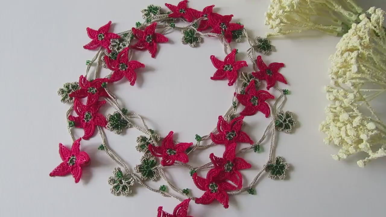 Fuchsia Stern Blume Häkelkette, Türkisch Oya Spitze Sommer Schmuck, Grüne Perlen Lange Lariat