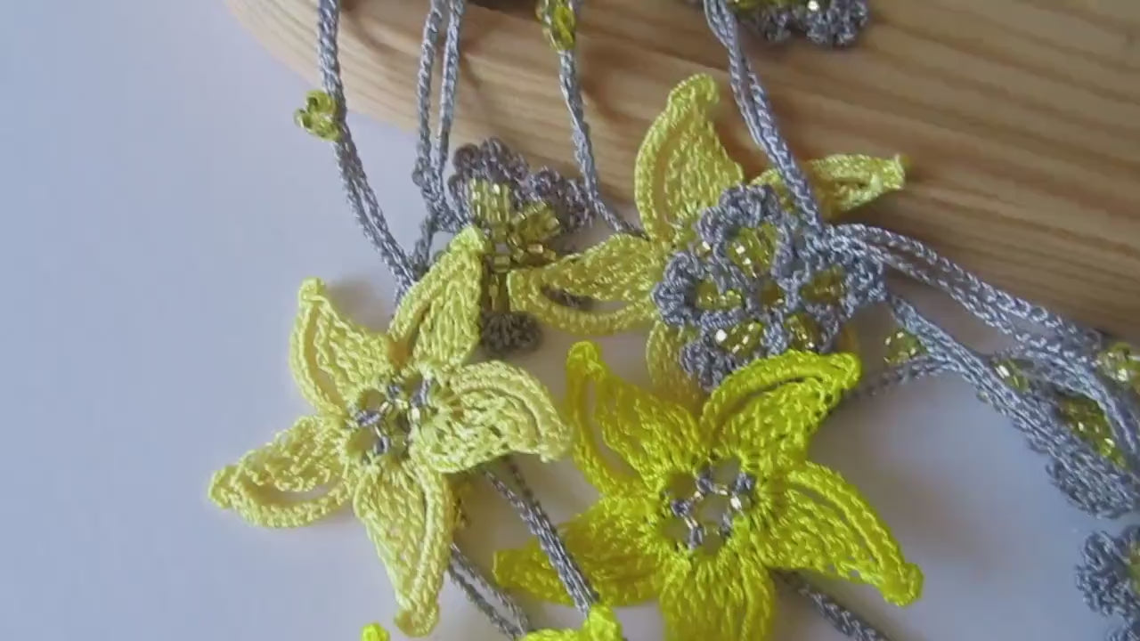 Gelbe Blumen Häkelkette, Türkisch Oya Perlen Lariat, Romantische Sommer Braut Schmuck, Garten Hochzeit Accessoire